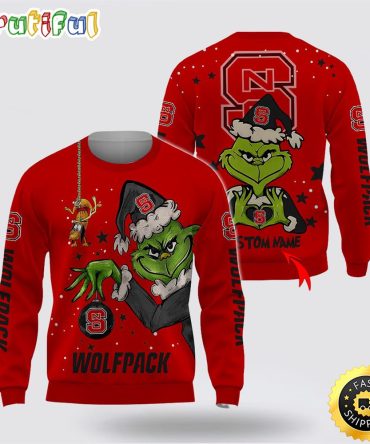 Custom Name Ncaa Nc State Wolfpack Ugly Sweater Grinch Funny Christmas Football Sweater