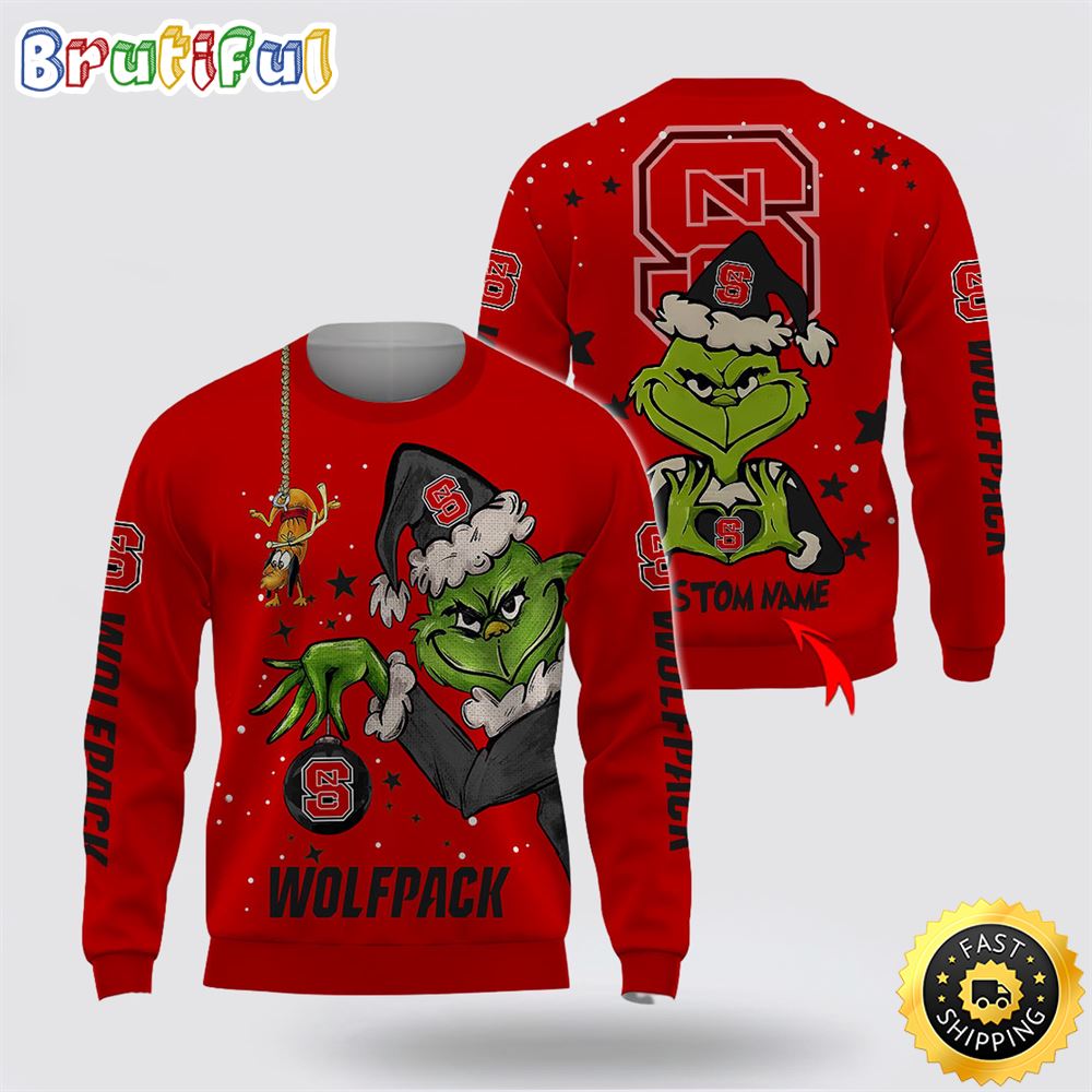 Custom Name Ncaa Nc State Wolfpack Ugly Sweater Grinch Funny Christmas Football Sweater