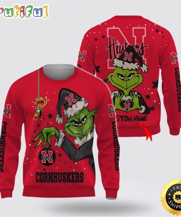 Custom Name Ncaa Nebraska Cornhuskers Ugly Sweater Grinch Funny Christmas Football Sweater