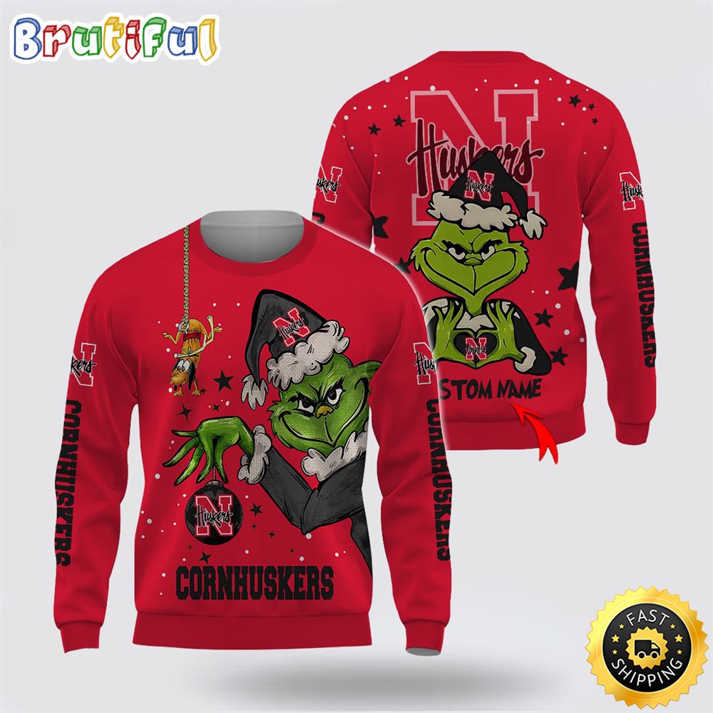Custom Name Ncaa Nebraska Cornhuskers Ugly Sweater Grinch Funny Christmas Football Sweater