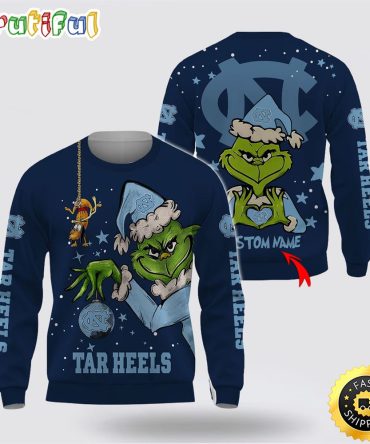 Custom Name Ncaa North Carolina Tar Heels Ugly Sweater Grinch Funny Christmas Football Sweater