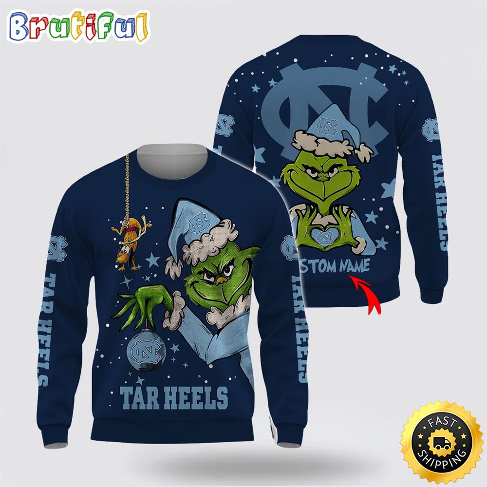 Custom Name Ncaa North Carolina Tar Heels Ugly Sweater Grinch Funny Christmas Football Sweater