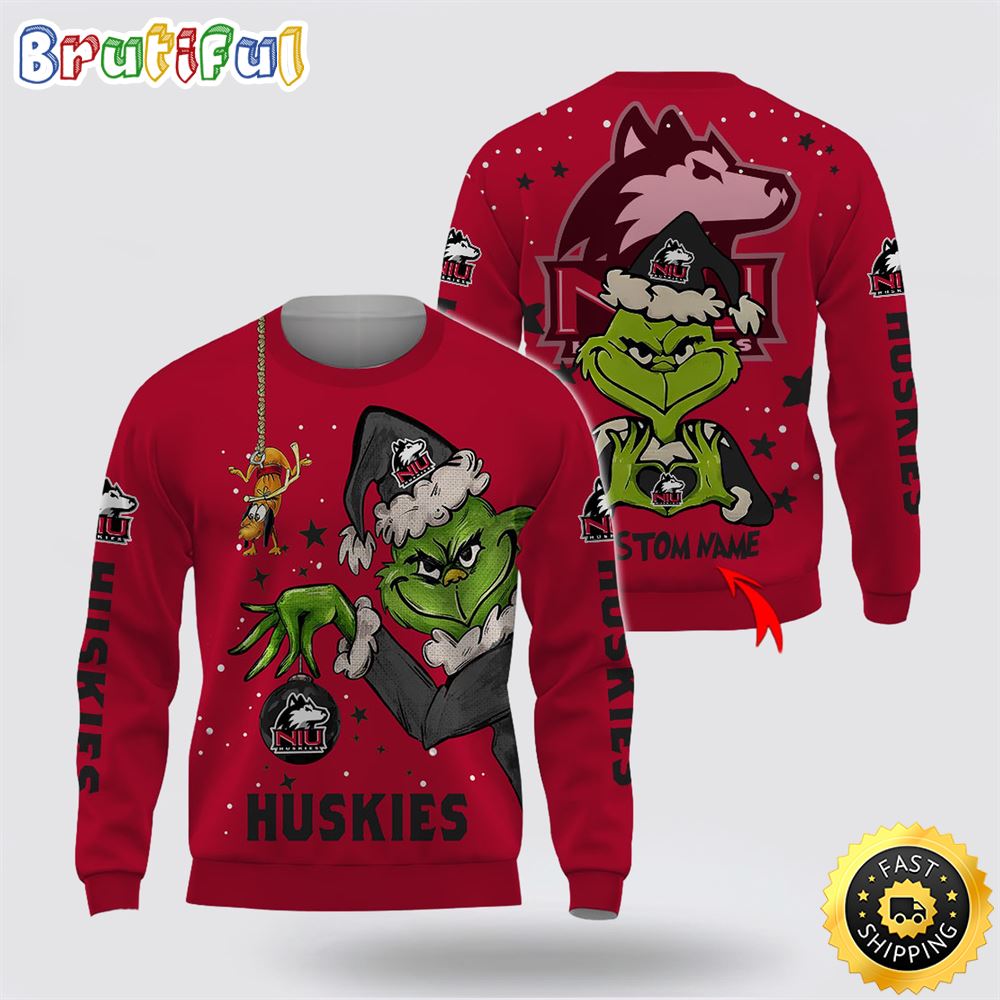 Custom Name Ncaa Northern Illinois Huskies Ugly Sweater Grinch Funny Christmas Football Sweater