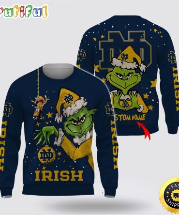 Custom Name Ncaa Notre Dame Fighting Irish Ugly Sweater Grinch Funny Christmas Football Sweater