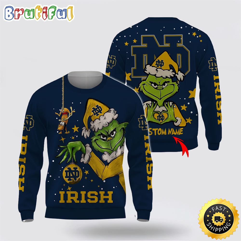 Custom Name Ncaa Notre Dame Fighting Irish Ugly Sweater Grinch Funny Christmas Football Sweater
