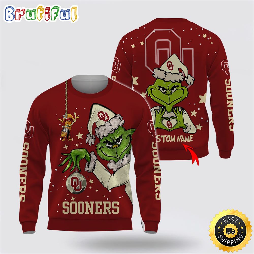 Custom Name Ncaa Oklahoma Sooners Ugly Sweater Grinch Funny Christmas Football Sweater