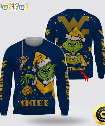 Custom Name Ncaa West Virginia Mountaineers Ugly Sweater Grinch Funny Christmas Football Sweater