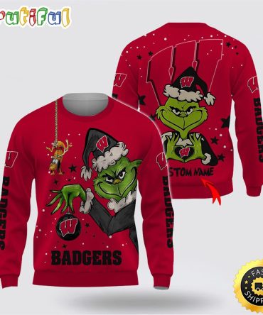 Custom Name Ncaa Wisconsin Badgers Ugly Sweater Grinch Funny Christmas Football Sweater