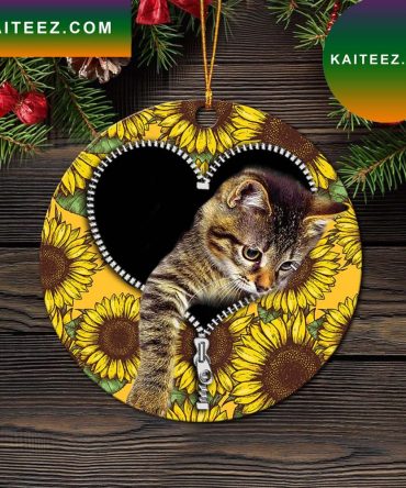 Cute Cat Sunflower Zipper Mica Circle Ornament Perfect Gift For Holiday