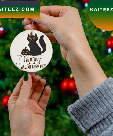 Happy Halloween Funny Black Cat With Pumpkin  Ornament