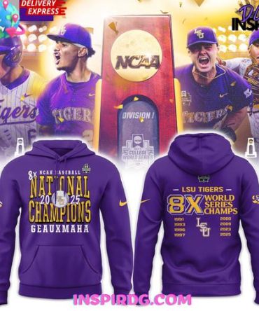 Lsu Tigers 2025 Ncaa Baseball 8-Time National Champions Purple All Over Print Hoodie