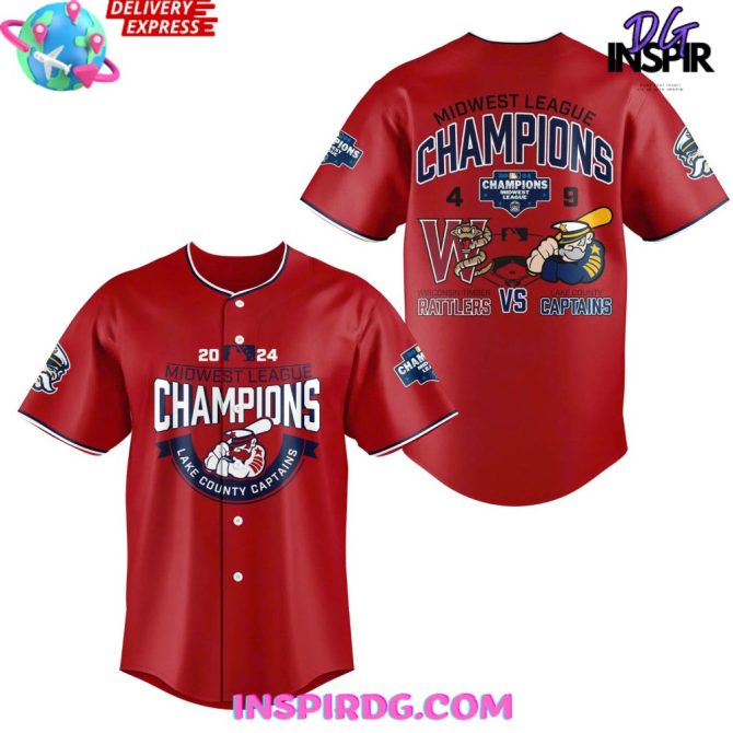 Lake County Captains Midwest League Champions 2024 Red Baseball Jersey - Image 2