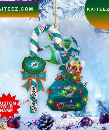 Miami Dolphins Nfl Custom Name Grinch Candy Cane Grinch Decorations Outdoor Ornament