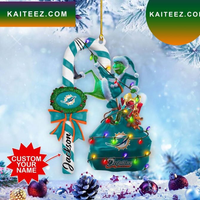 Miami Dolphins Nfl Custom Name Grinch Candy Cane Grinch Decorations Outdoor Ornament