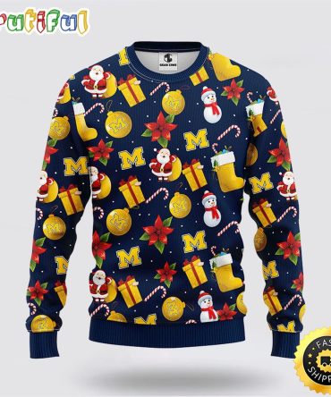 Ncaa Michigan Wolverines Ugly Sweater Christmas Santa Snowman Sweater