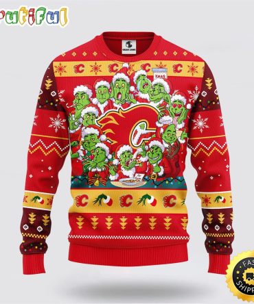 Nhl Calgary Flames Ugly Sweater 12 Expressions Of Grinch During The Christmas Season Sweater