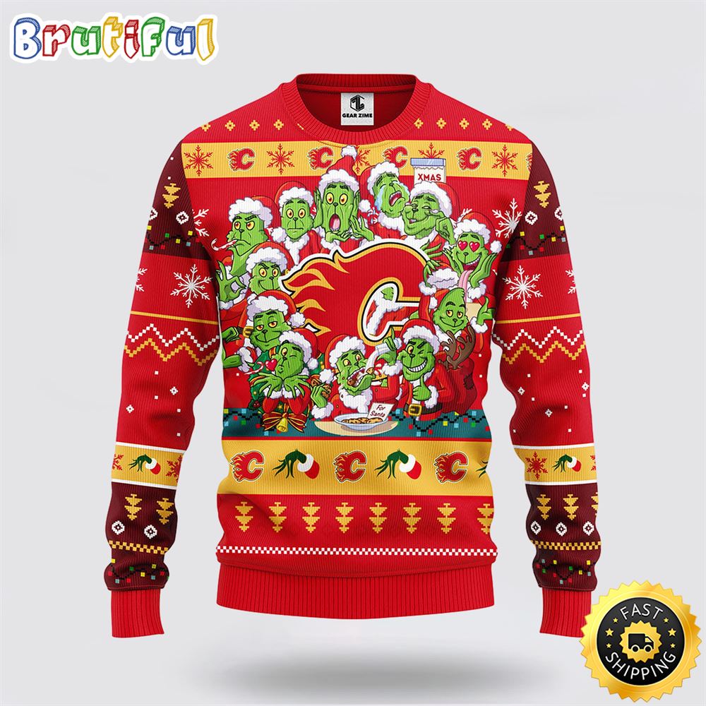 Nhl Calgary Flames Ugly Sweater 12 Expressions Of Grinch During The Christmas Season Sweater