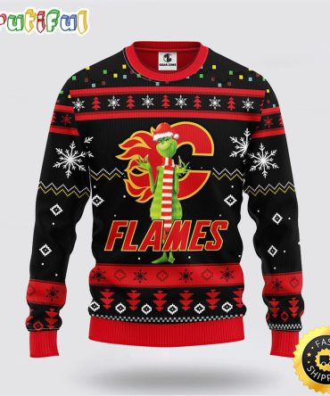 Nhl Calgary Flames Ugly Sweater Funny Grinch Ugly Christmas Sweater