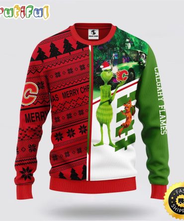Nhl Calgary Flames Ugly Sweater Grinch And Scooby-Doo Ugly Christmas Sweater