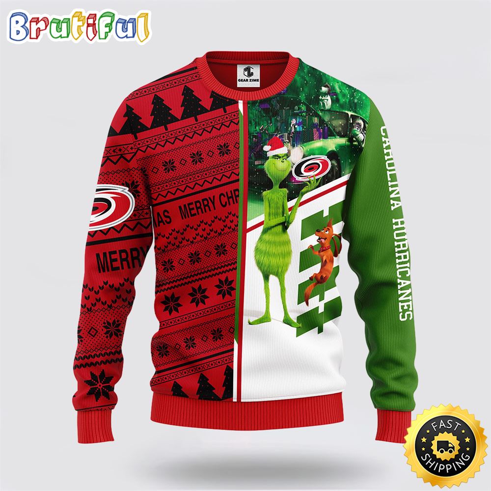 Nhl Carolina Hurricanes Ugly Sweater Grinch And Scooby-Doo Ugly Christmas Sweater