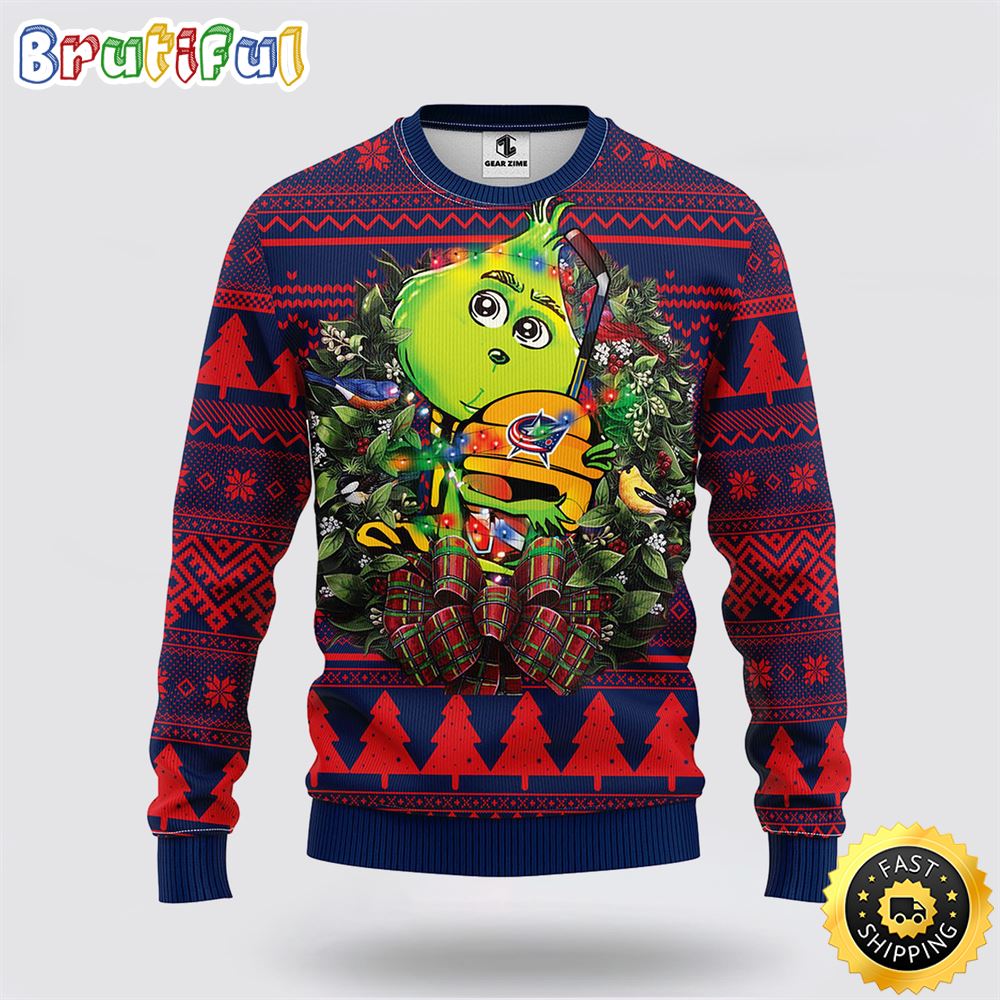 Nhl Columbus Blue Jackets Ugly Sweater Grinch Hug Ugly Christmas Sweater