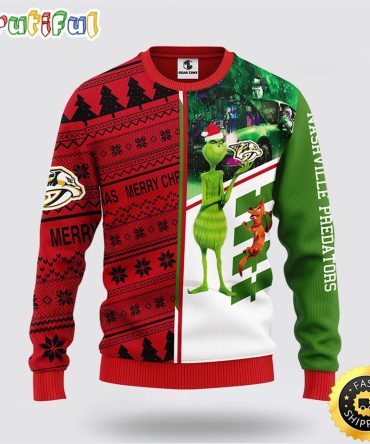 Nhl Nashville Predators Ugly Sweater Grinch And Scooby-Doo Ugly Christmas Sweater