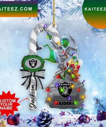 Oakland Raiders Nfl Custom Name Grinch Candy Cane Grinch Decorations Outdoor Ornament