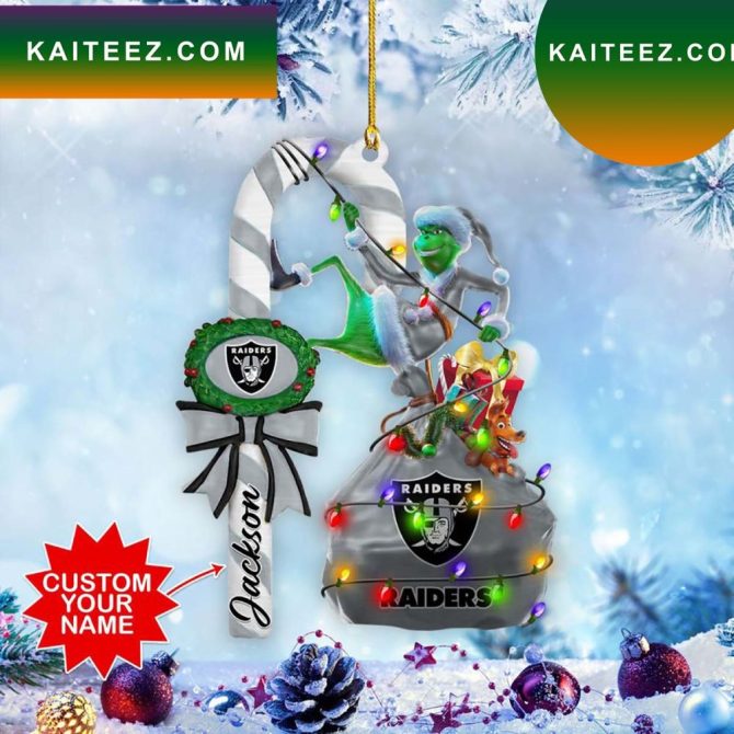 Oakland Raiders Nfl Custom Name Grinch Candy Cane Grinch Decorations Outdoor Ornament