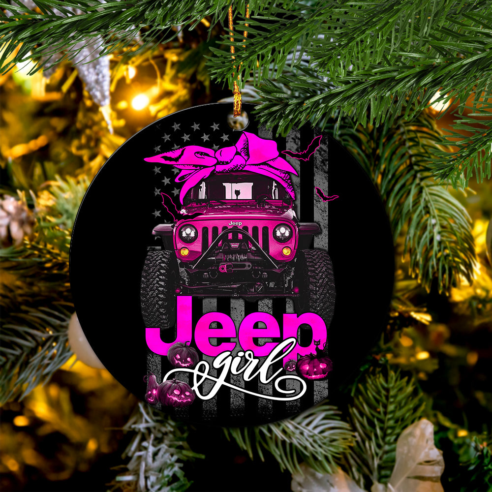 Halloween American Flag Pink Jeep Girl Ceramic Ornament Perfect Gift For Holiday