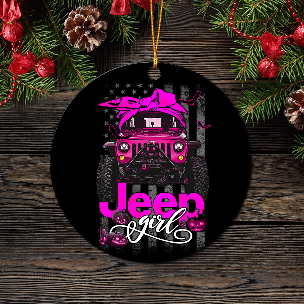 Halloween American Flag Pink Jeep Girl Ceramic Ornament Perfect Gift For Holiday - Image 2