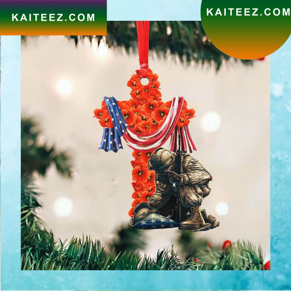 Soldier Kneeling Under Poppy Cross Usa Flag Christmas Ornament