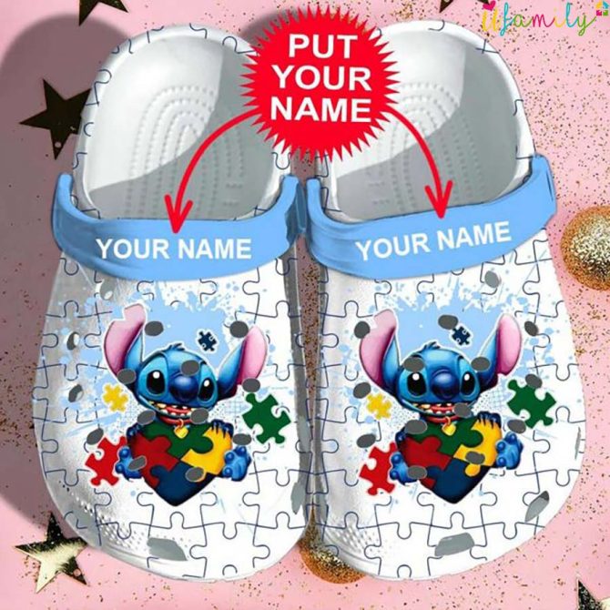 Stitch Puzzle Pieces Custom Name Crocs - Discover Comfort And Style Clog Shoes For Family