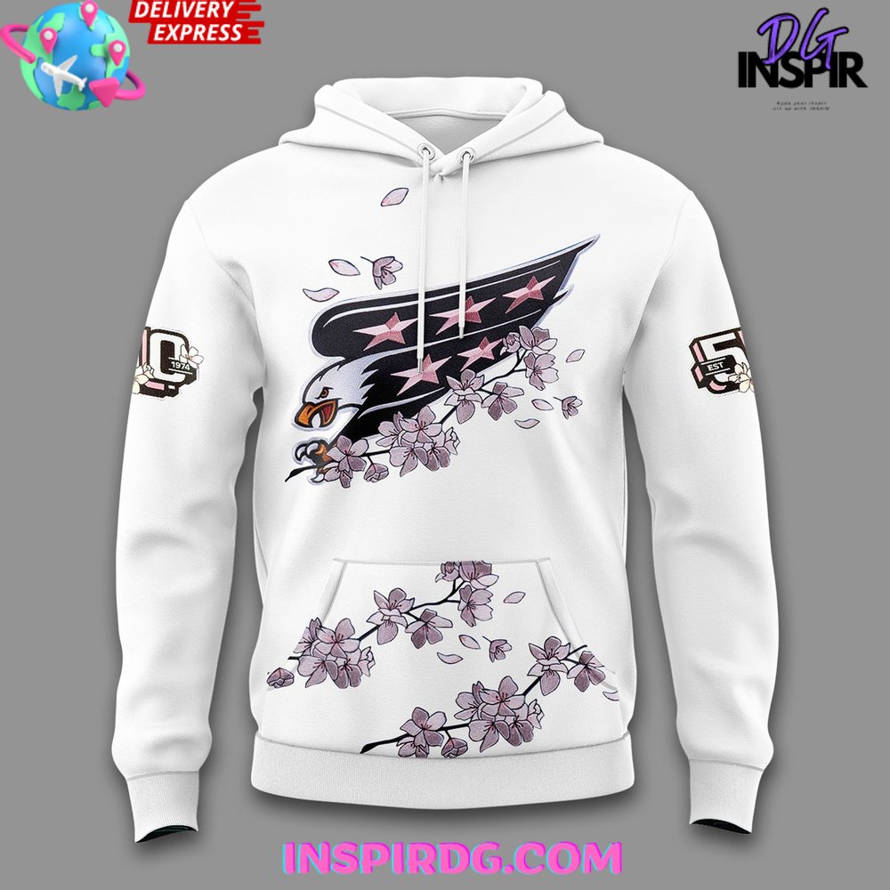 Washington Capitals 50Th Anniversary Cherry Blossom White All Over Print Hoodie, 3D Hoodie - Image 2