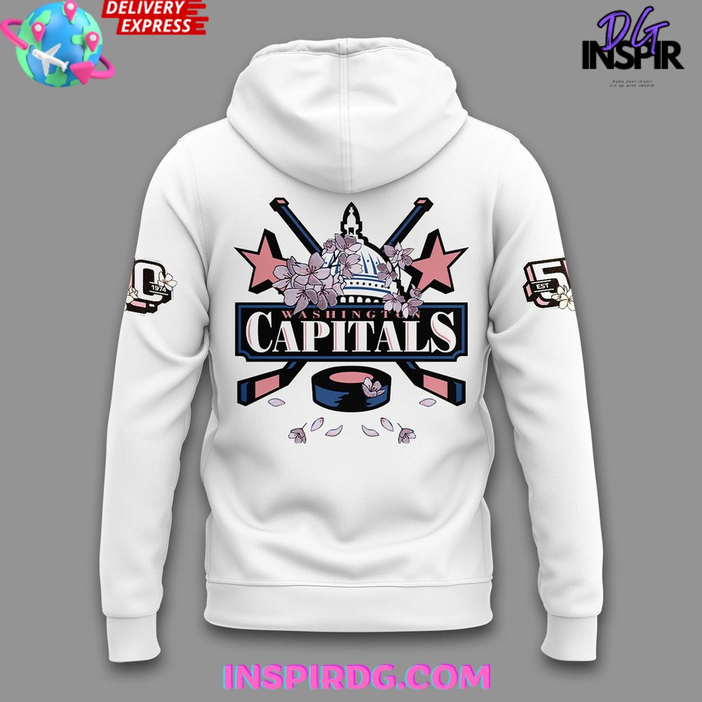 Washington Capitals 50Th Anniversary Cherry Blossom White All Over Print Hoodie, 3D Hoodie - Image 3