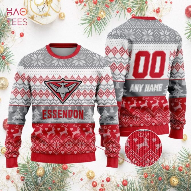 Personalized Essendon Christmas Sweater – Custom Name & Number – Festive Afl Fan Gear - Image 2