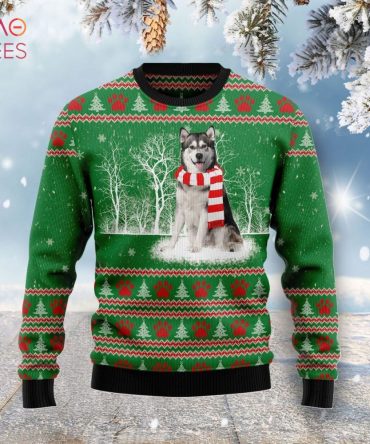 Cozy Husky Christmas Sweater - Festive Green With Snowy Scene & Red Paw Prints - Perfect Holiday Gift!