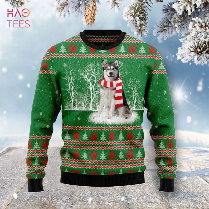 Cozy Husky Christmas Sweater - Festive Green With Snowy Scene & Red Paw Prints - Perfect Holiday Gift!