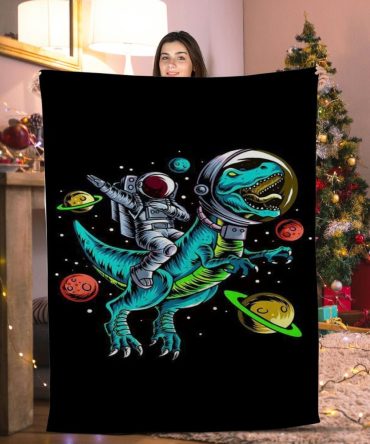 Cozy Space Adventure Blanket - Astronaut Riding Dinosaur , Fun Galaxy Design
