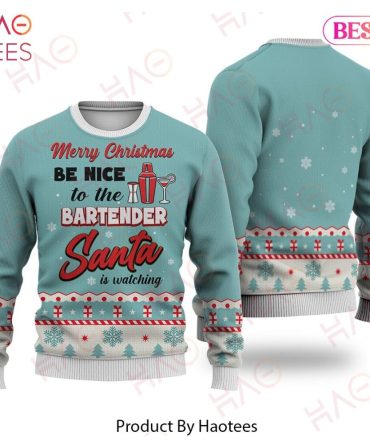 Bartender Christmas Ugly Christmas Sweater Merry Christmas Be Nice To The Bartender Santa Is Watching Blue Ugly Christmas Sweater