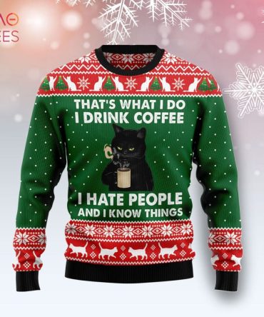 Best Black Cat Drink Coffee G51022 Ugly Christmas Ugly Christmas Sweater Unisex Womens