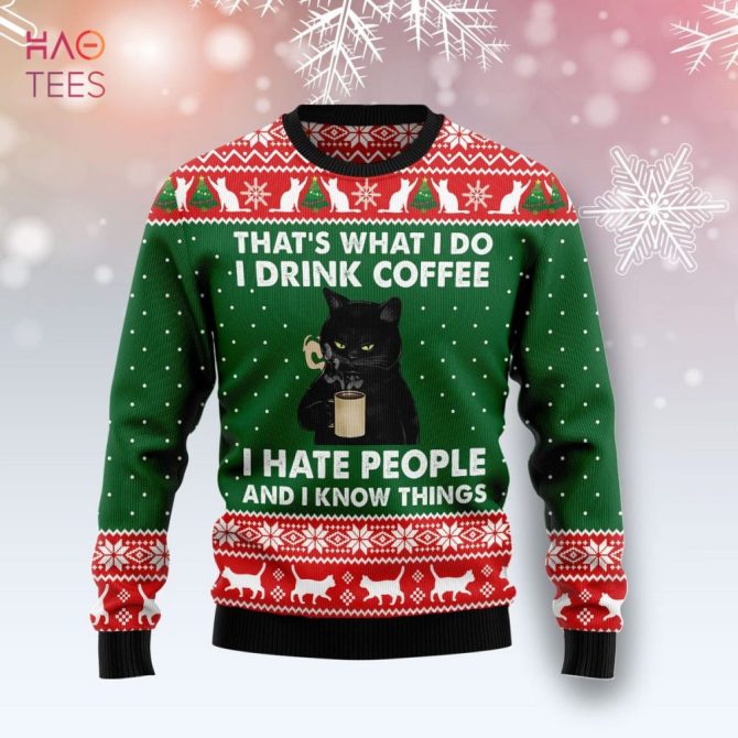 Best Black Cat Drink Coffee G51022 Ugly Christmas Ugly Christmas Sweater Unisex Womens