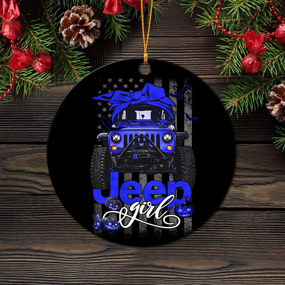 Halloween American Flag Blue Jeep Girl Ceramic Ornament Perfect Gift For Holiday - Image 2