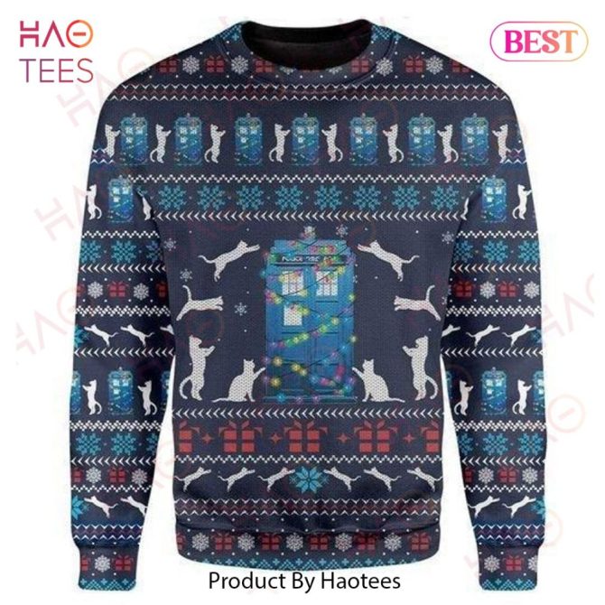 Cat Christmas Ugly Christmas Sweater Cat Tardis Christmas Pattern Blue Ugly Christmas Sweater Ugly Christmas Sweater