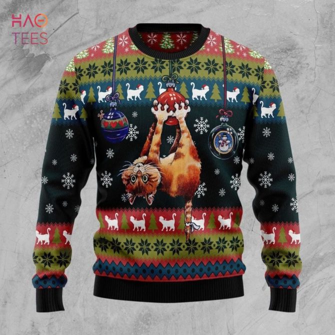 Cat Hanging On Xmas Tree Ugly Christmas Ugly Christmas Sweater