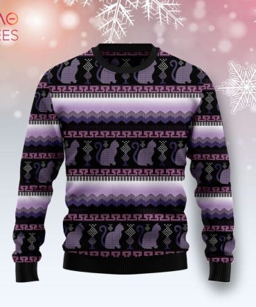 Cozy Cat Pattern Ugly Christmas Sweater - Purple & Black Holiday Knit Jumper