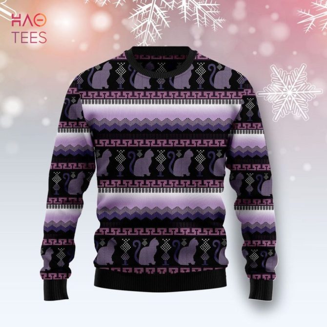 Cozy Cat Pattern Ugly Christmas Sweater - Purple & Black Holiday Knit Jumper