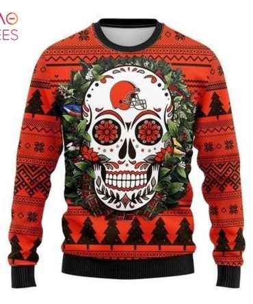 Best Cleveland Browns Skull Flower Ugly Christmas Ugly Christmas Sweater All Over Print