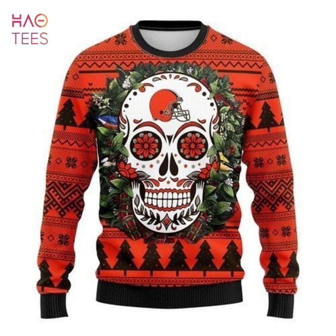 Best Cleveland Browns Skull Flower Ugly Christmas Ugly Christmas Sweater All Over Print