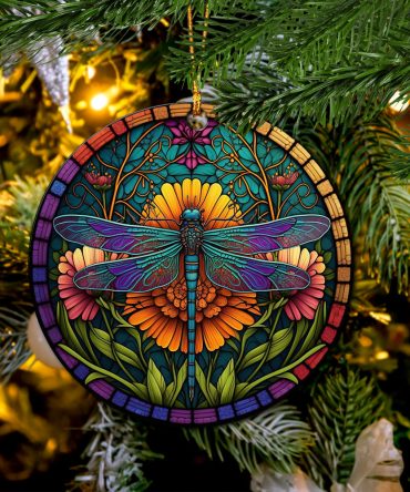 Colorful Dragonfly And Flowers Stained Glass Mica Ornament Perfect Gift For Holiday