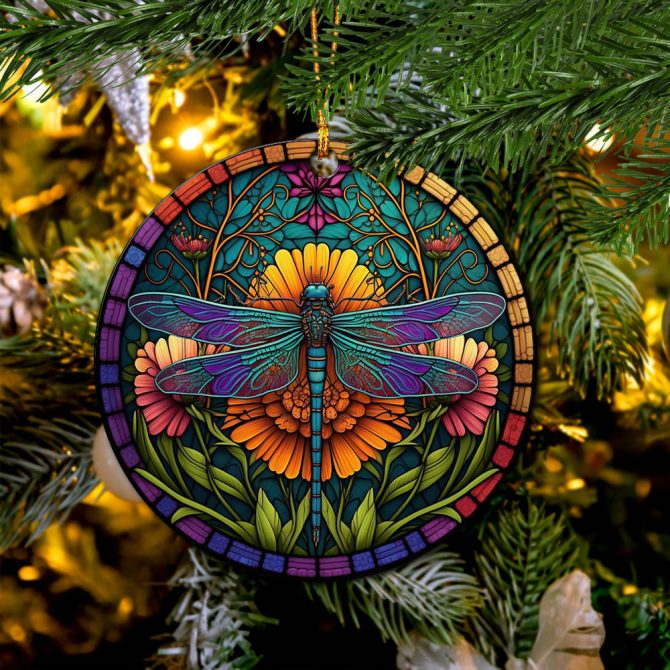 Colorful Dragonfly And Flowers Stained Glass Mica Ornament Perfect Gift For Holiday